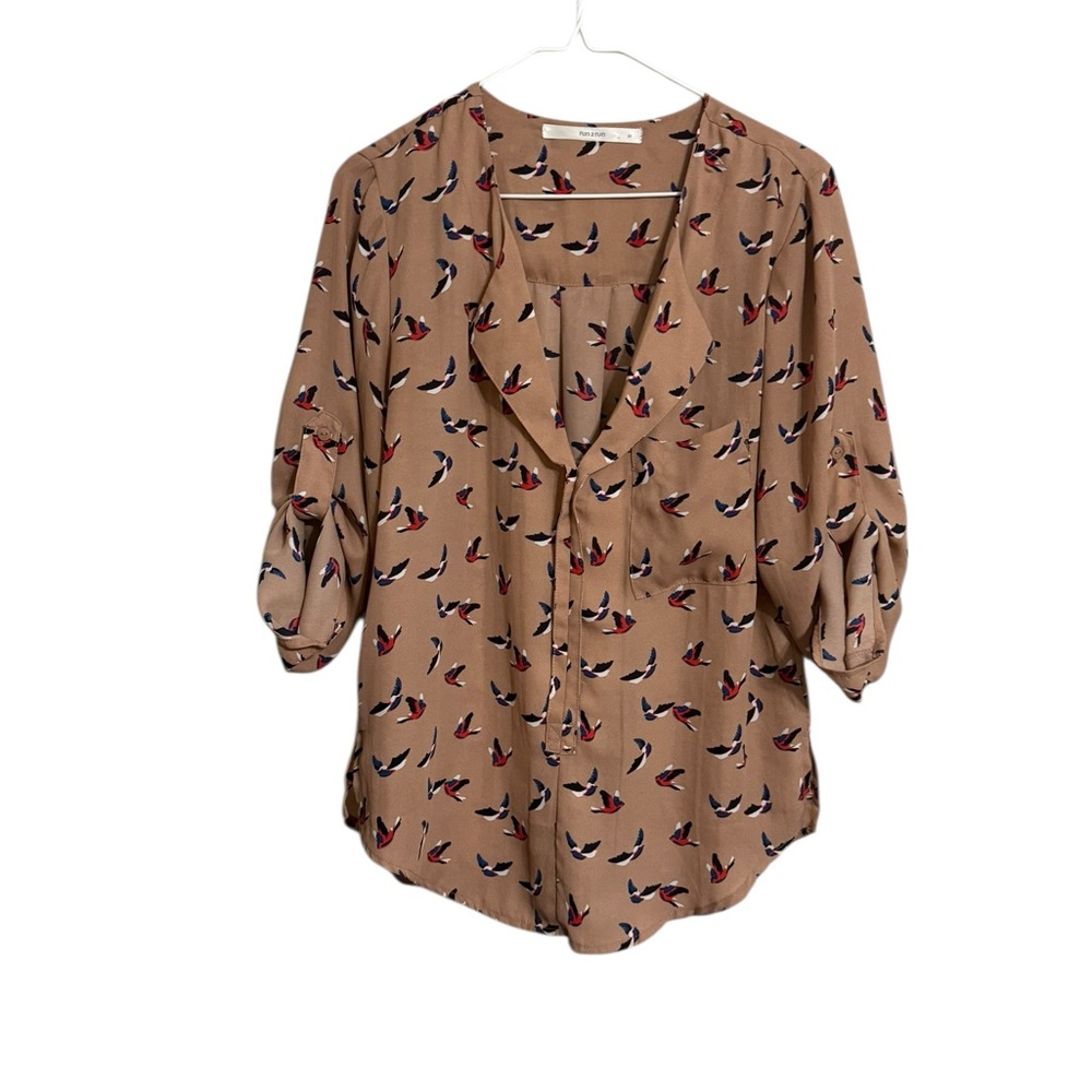 Fun 2 Fun Beige Bird Pattern Blouse - Picture 2 of 4